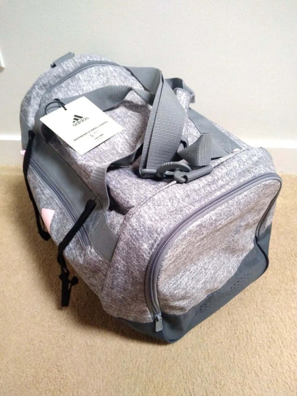 Adidas Defender IV Small Duffel Gym Bag Gray Rose/Pink Logo 16.5"X 10"X 10" New